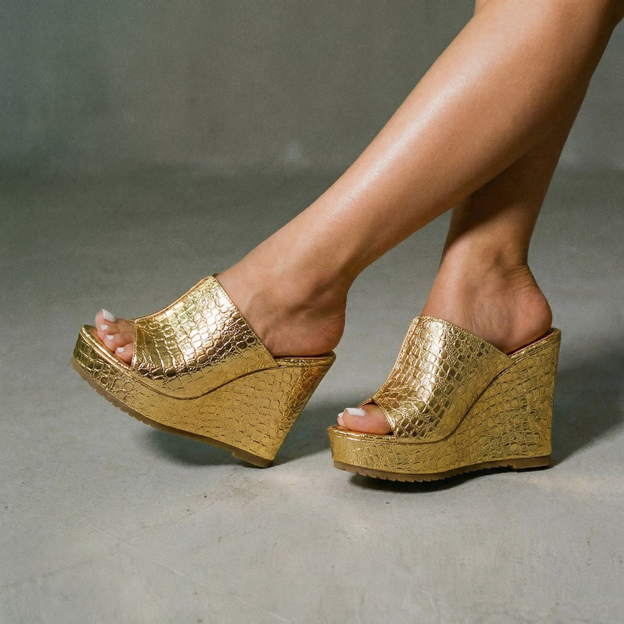 Nicolette Women's Gold Platform Wedge Sandals in Gold