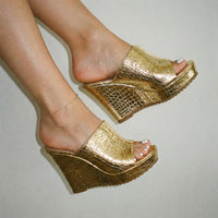 Nicolette Women's Gold Platform Wedge Sandals in Gold