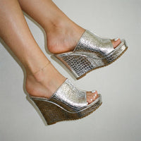 Nicolette Women's Gold Platform Wedge Sandals in Silver