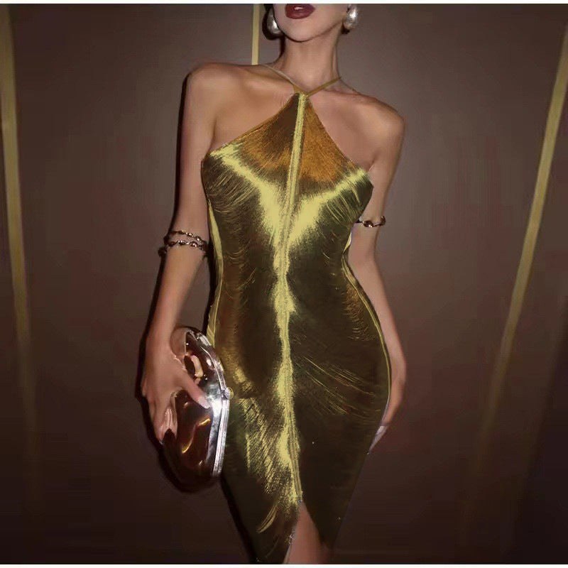 Nina Elegant Dress with Side Split in Gold