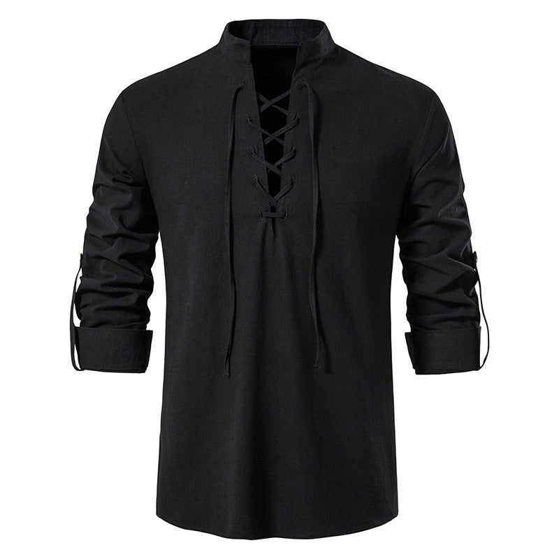 Noa Casual Shirt with Long Sleeve and Lace-Up in Black