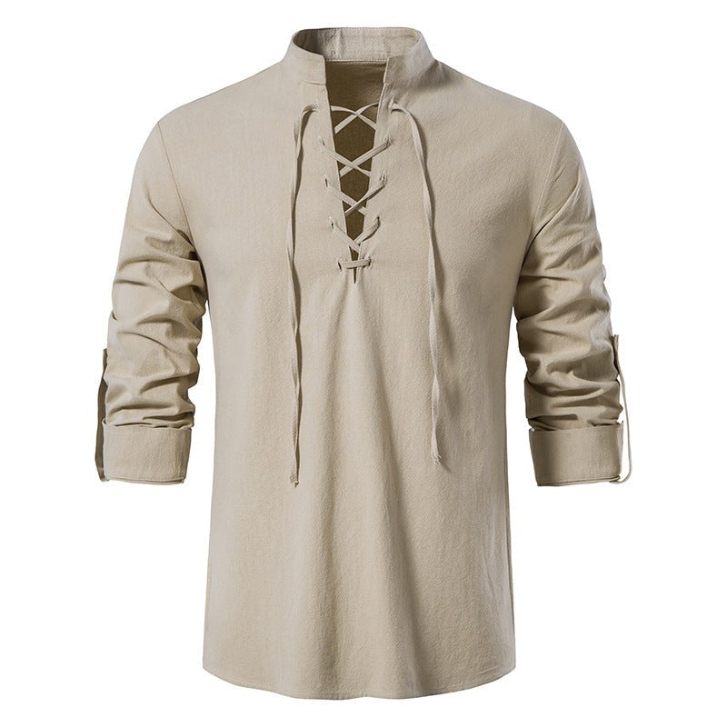 Noa Casual Shirt with Long Sleeve and Lace-Up in Khaki