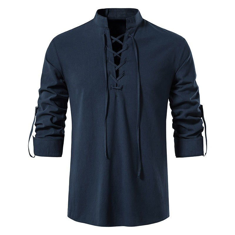 Noa Casual Shirt with Long Sleeve and Lace-Up in Midnight Blue