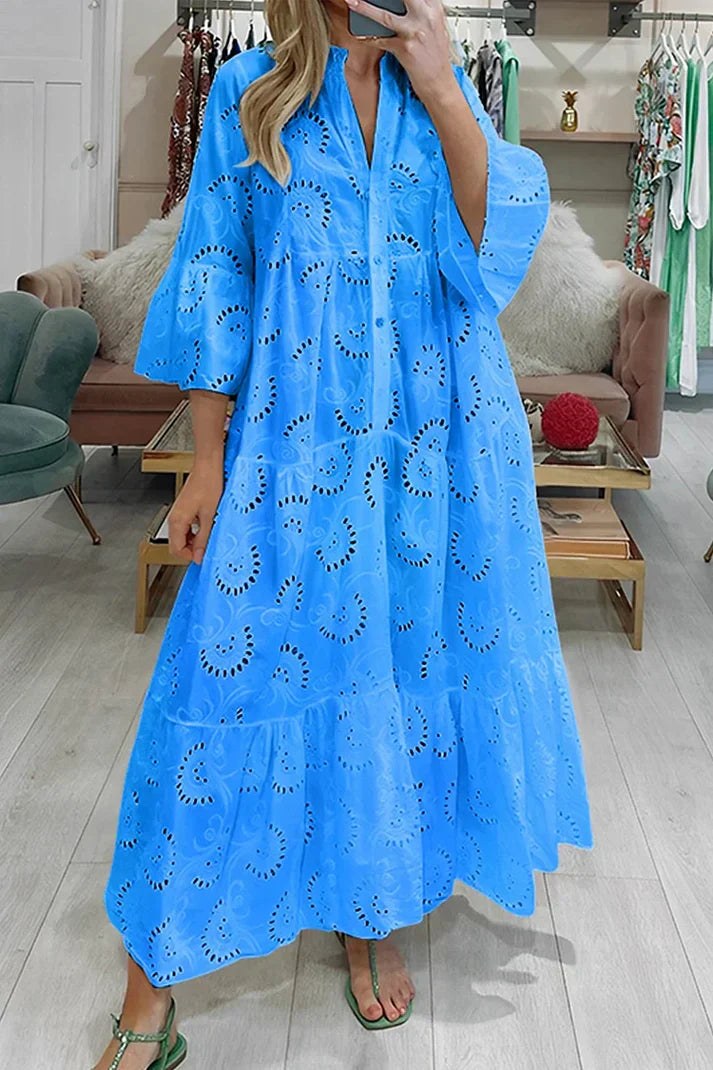 Noa Elegant Dress with Embroidery in Blue
