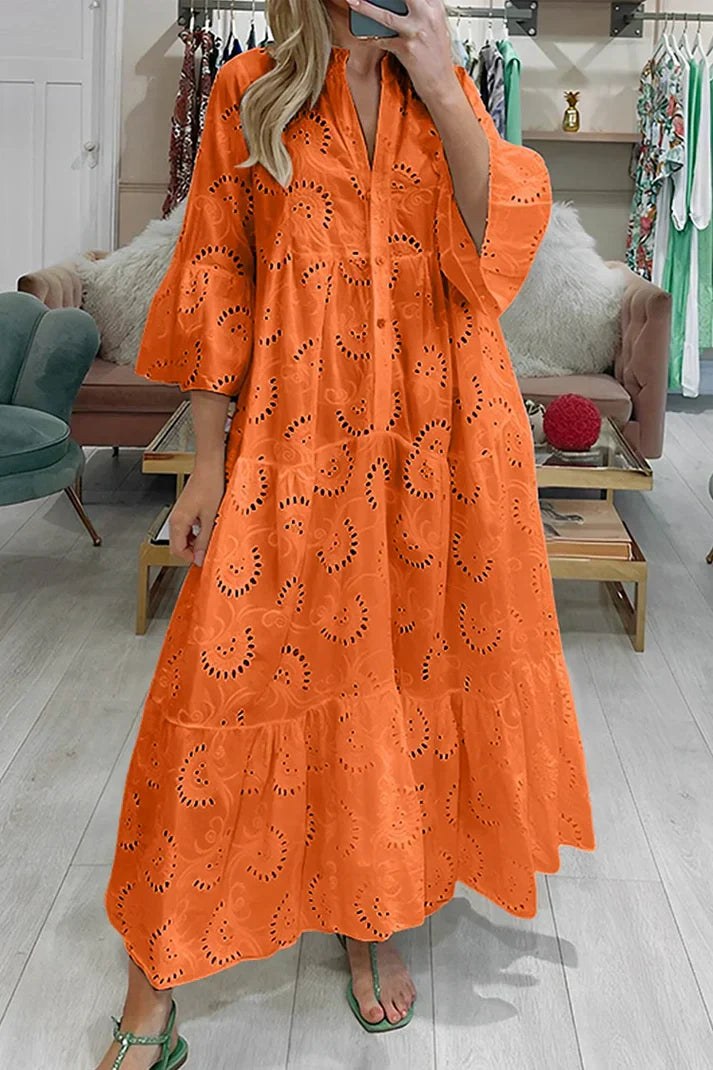 Noa Elegant Dress with Embroidery in Orange