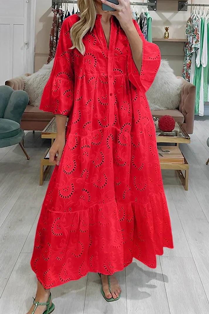 Noa Elegant Dress with Embroidery in Red