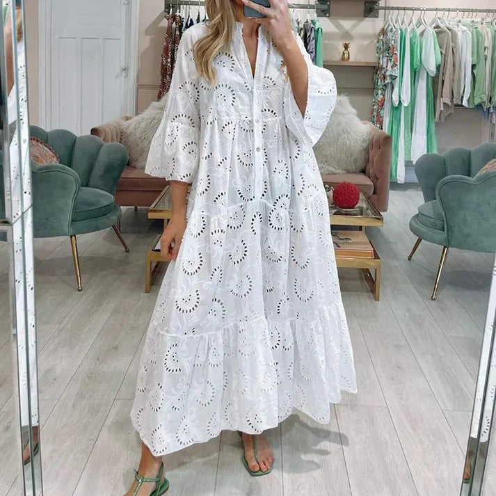 Noa Elegant Dress with Embroidery in White