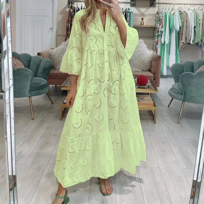 Noa Elegant Dress with Embroidery in Yellow