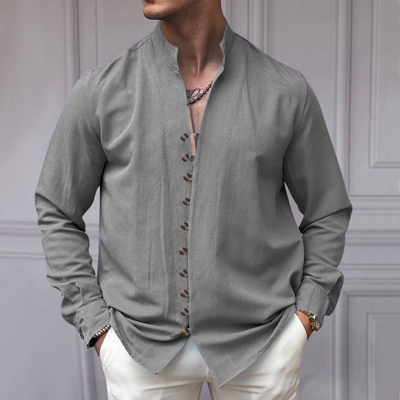 Noah Linen Shirt with Stand Collar and Button Front in Eisengrau