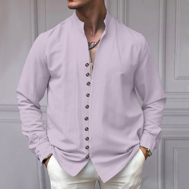 Noah Linen Shirt with Stand Collar and Button Front in Light Purple