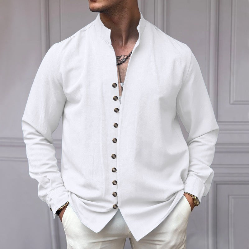 Noah Linen Shirt with Stand Collar and Button Front in White