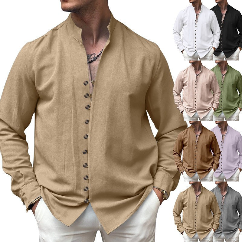 Noah Linen Shirt with Stand Collar and Button Front