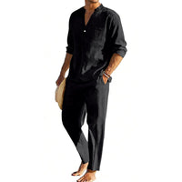 Noah Linen Shirt with Stand Collar in Black
