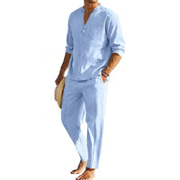 Noah Linen Shirt with Stand Collar in Blue