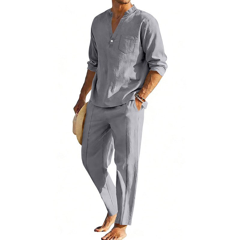 Noah Linen Shirt with Stand Collar in Grey