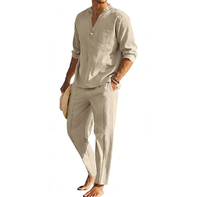 Noah Linen Shirt with Stand Collar in Khaki