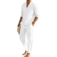 Noah Linen Shirt with Stand Collar in White