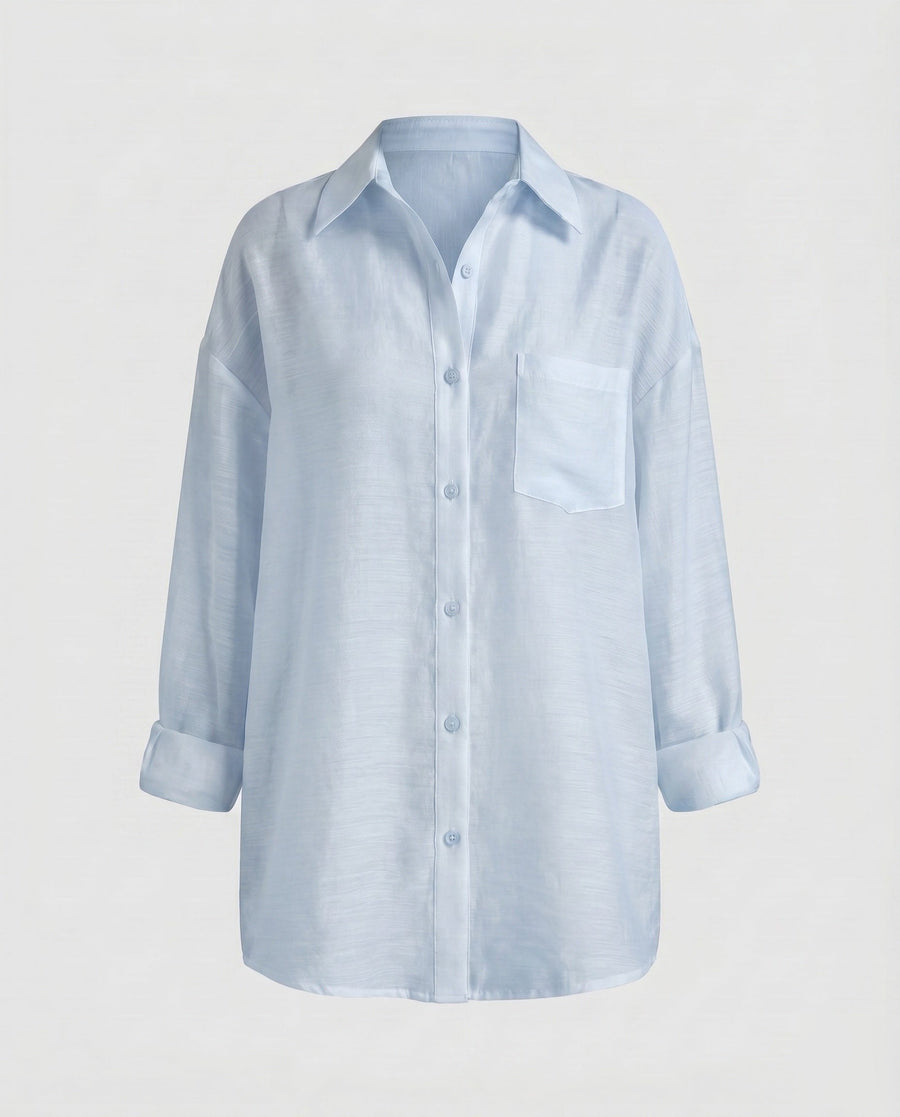 Noelle Airy Linen Blouse with Chest Pocket in Light Blue