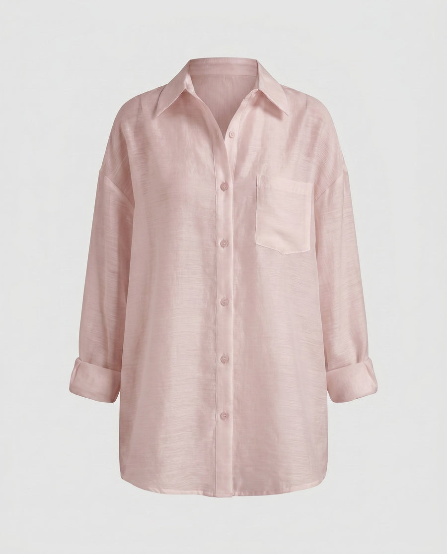 Noelle Airy Linen Blouse with Chest Pocket in Pink