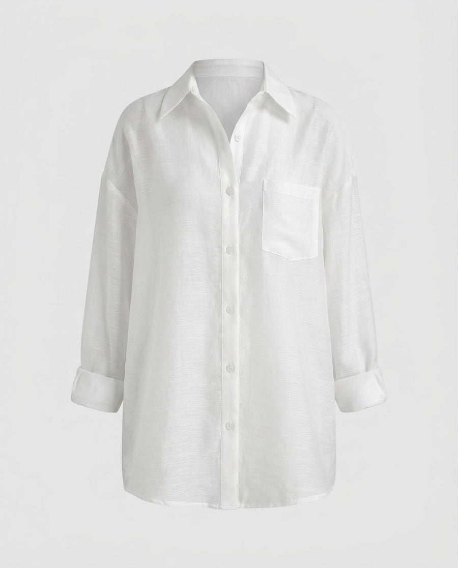 Noelle Airy Linen Blouse with Chest Pocket in White