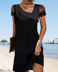 Noir Women's Fitted Black Dress with Lace Sleeves & Draped Neckline in Black