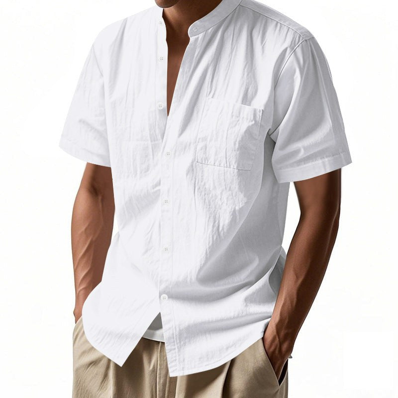 Nolan Linen Blend Shirt with Stand Collar and Short Sleeve