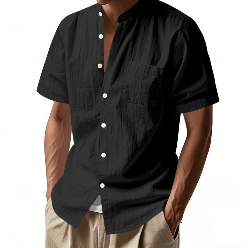 Nolan Linen Blend Shirt with Stand Collar and Short Sleeve in Black