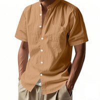 Nolan Linen Blend Shirt with Stand Collar and Short Sleeve in Brown
