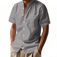 Nolan Linen Blend Shirt with Stand Collar and Short Sleeve in Grey
