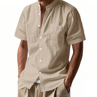 Nolan Linen Blend Shirt with Stand Collar and Short Sleeve in Khaki