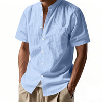 Nolan Linen Blend Shirt with Stand Collar and Short Sleeve in Light Blue