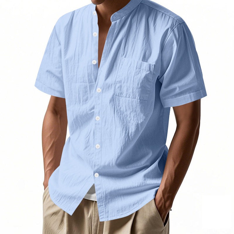 Nolan Linen Blend Shirt with Stand Collar and Short Sleeve in Light Blue