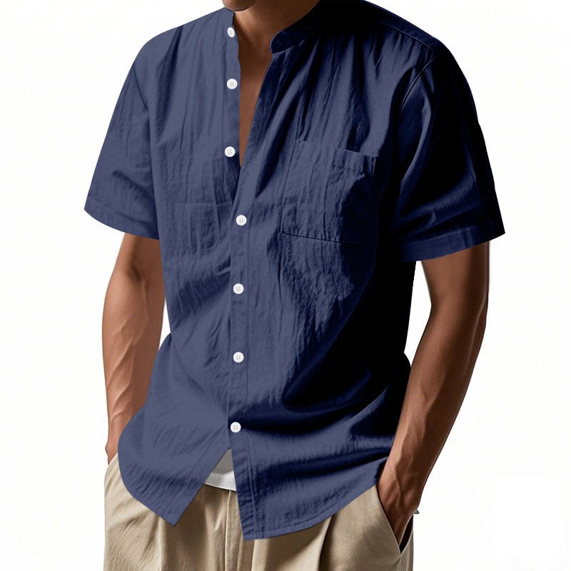 Nolan Linen Blend Shirt with Stand Collar and Short Sleeve in Navy