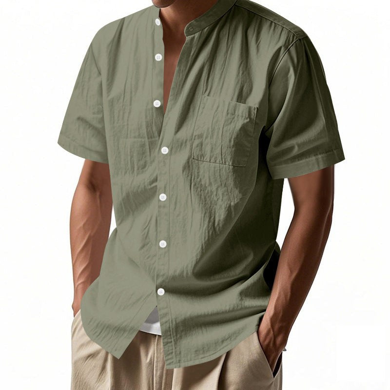Nolan Linen Blend Shirt with Stand Collar and Short Sleeve in Olive Green