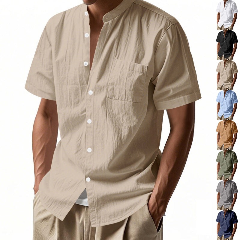 Nolan Linen Blend Shirt with Stand Collar and Short Sleeve