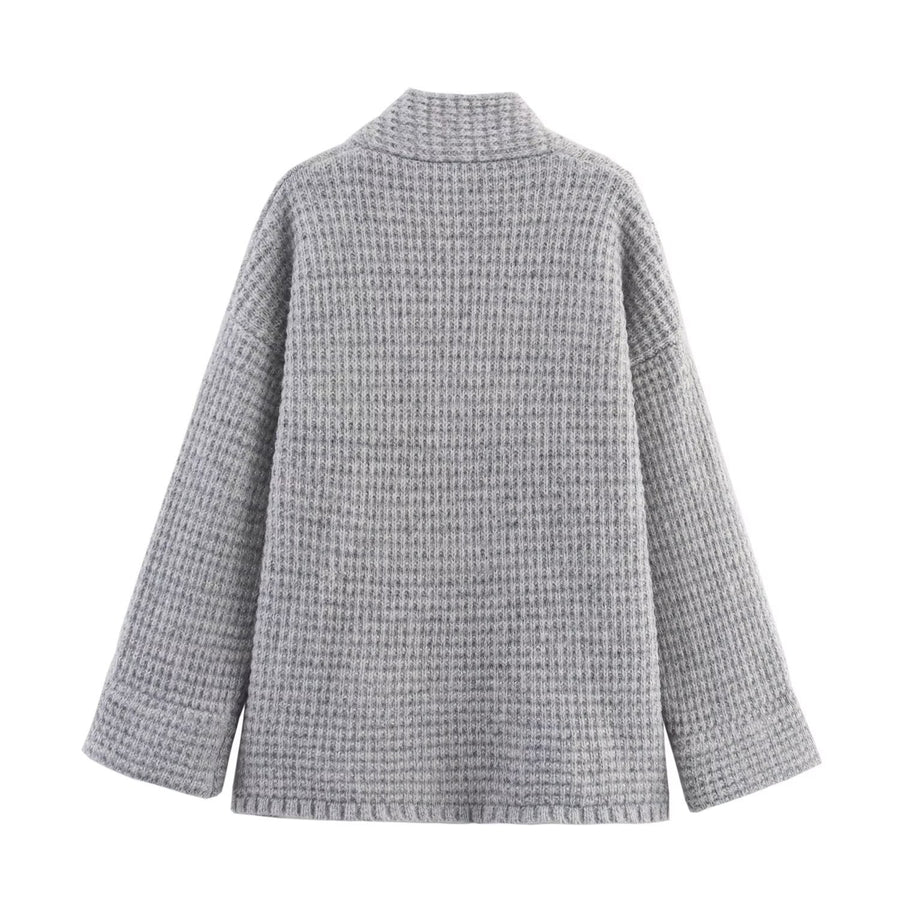Nora Casual Knit Cardigan with Button Front and Oversized in Grey