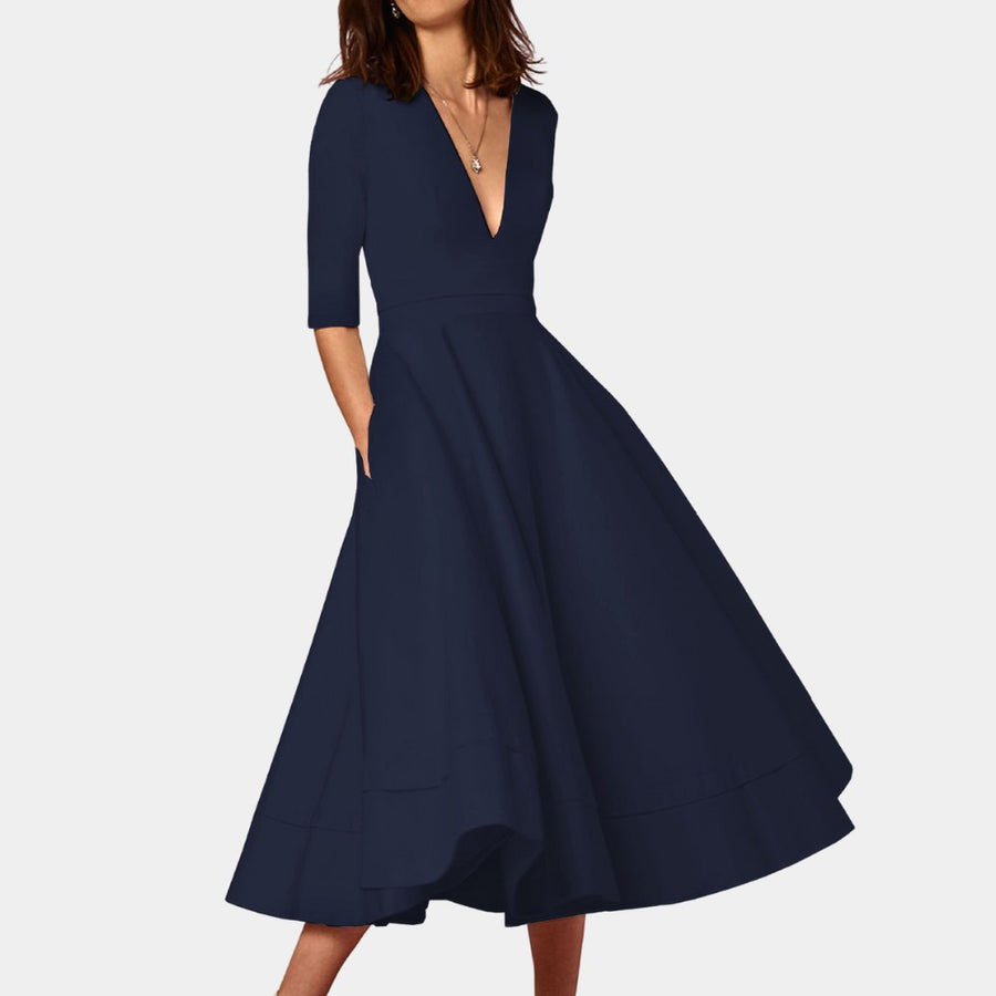 Nora Classic Midi A-Line Dress in Navy blue