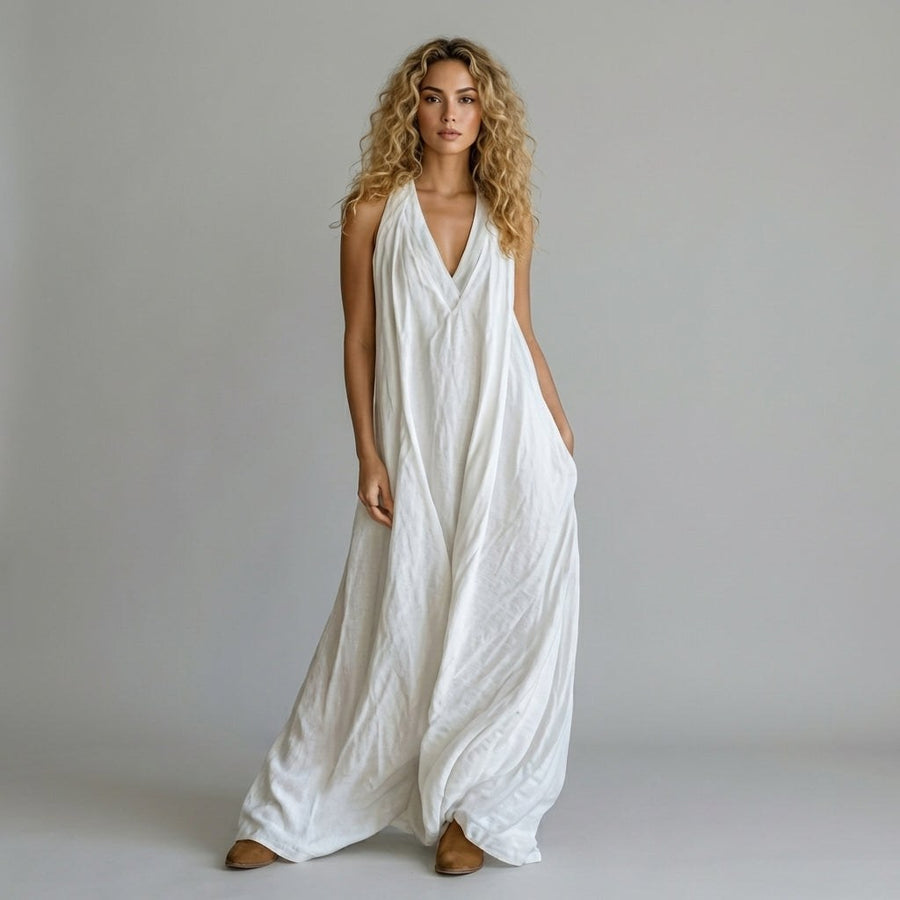 Nora Crinkle Halter Maxi Dress in Ivory