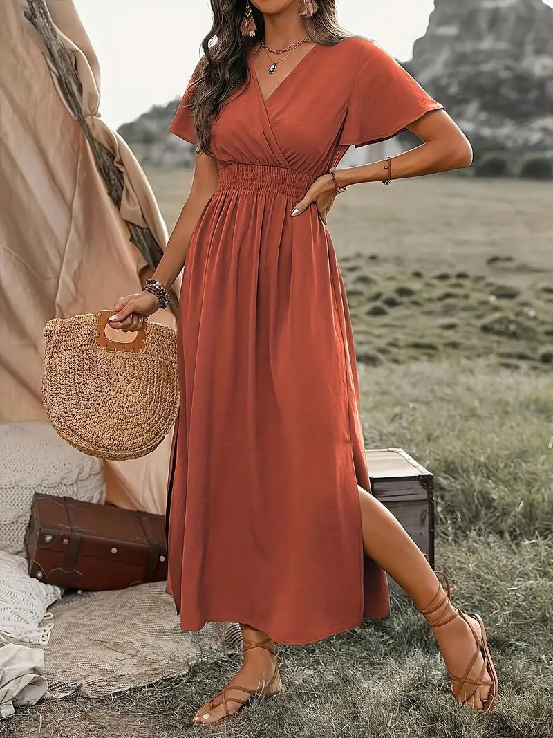 Nora Elegant Dress with Short Sleeve in Olive Green