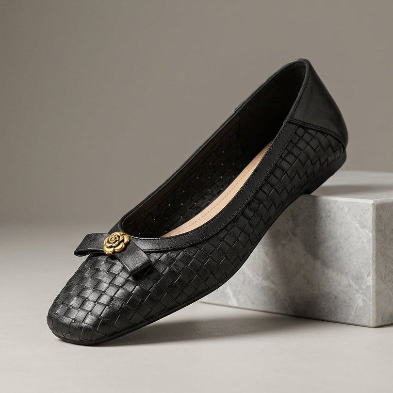 Nora Handwoven Leather Flat in Charcoal