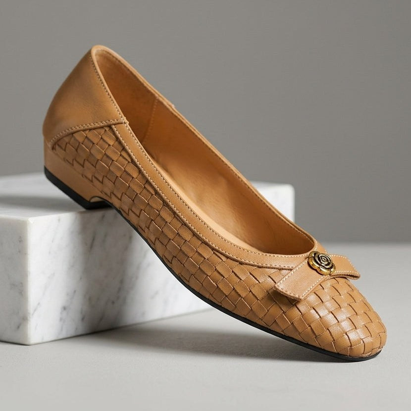 Nora Handwoven Leather Flat in Sienna Brown