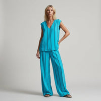 Nora Stripe Wide-Leg Two-Piece Set in Aqua