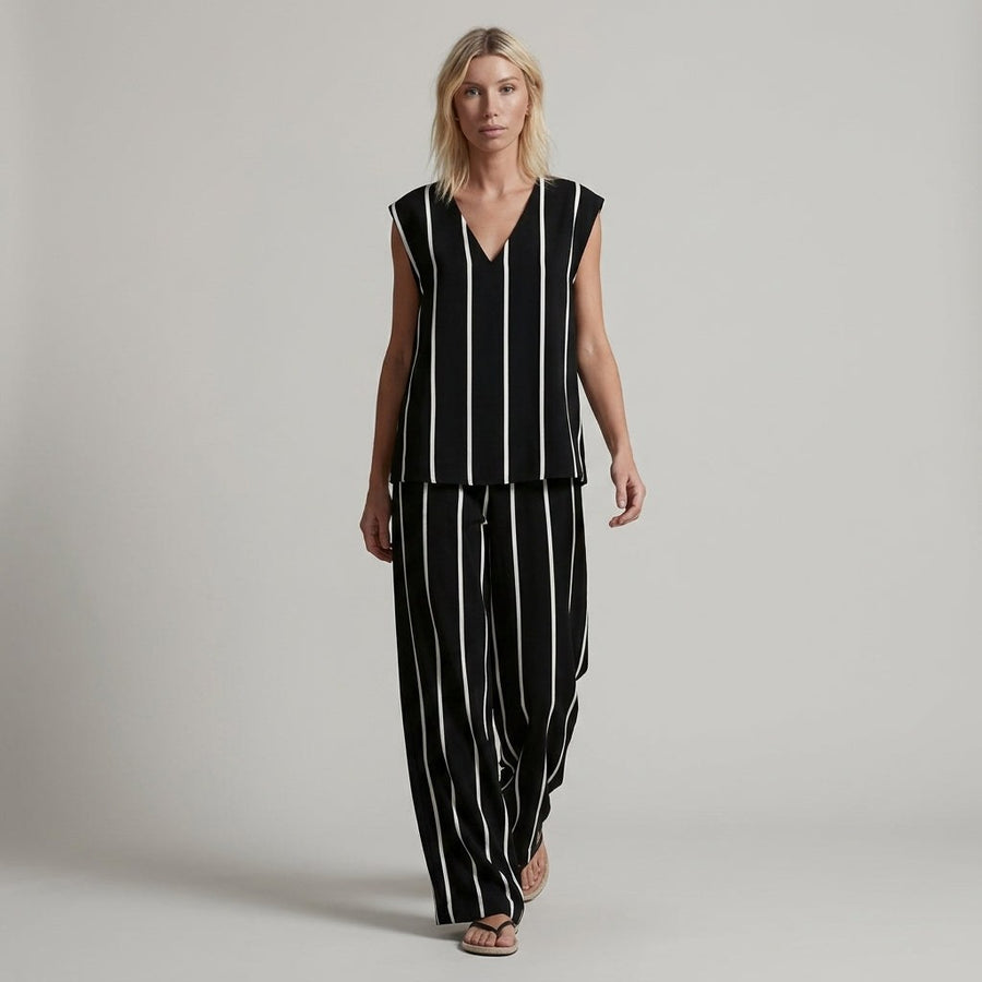 Nora Stripe Wide-Leg Two-Piece Set in Charcoal
