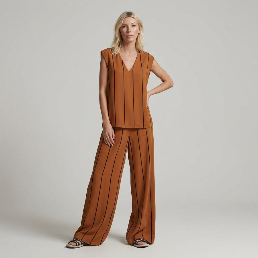 Nora Stripe Wide-Leg Two-Piece Set in Sienna Brown
