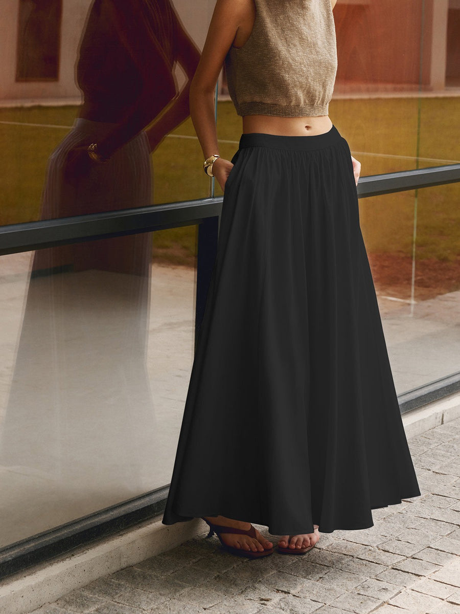 Nora Women's High Waist Pleated Linen Maxi Skirt Casual in Black