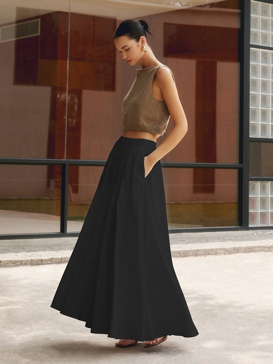 Nora Women's High Waist Pleated Linen Maxi Skirt Casual in Black