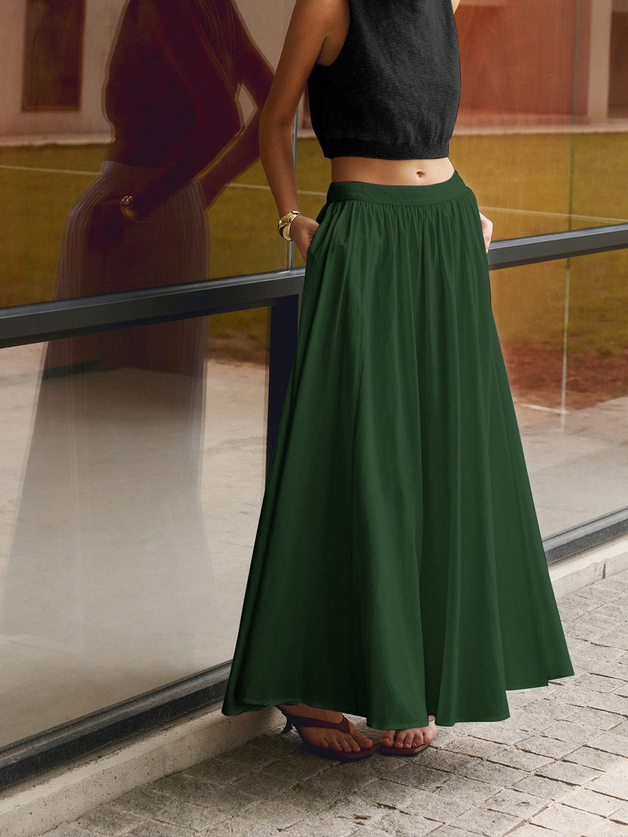 Nora Women's High Waist Pleated Linen Maxi Skirt Casual in Green