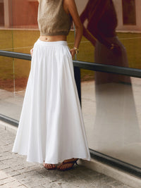 Nora Women's High Waist Pleated Linen Maxi Skirt Casual in White