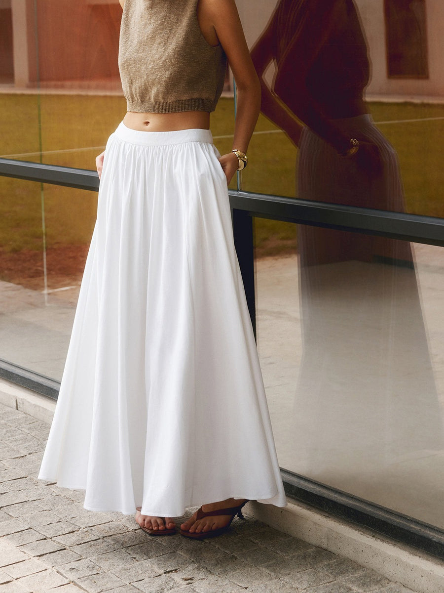 Nora Women's High Waist Pleated Linen Maxi Skirt Casual in White