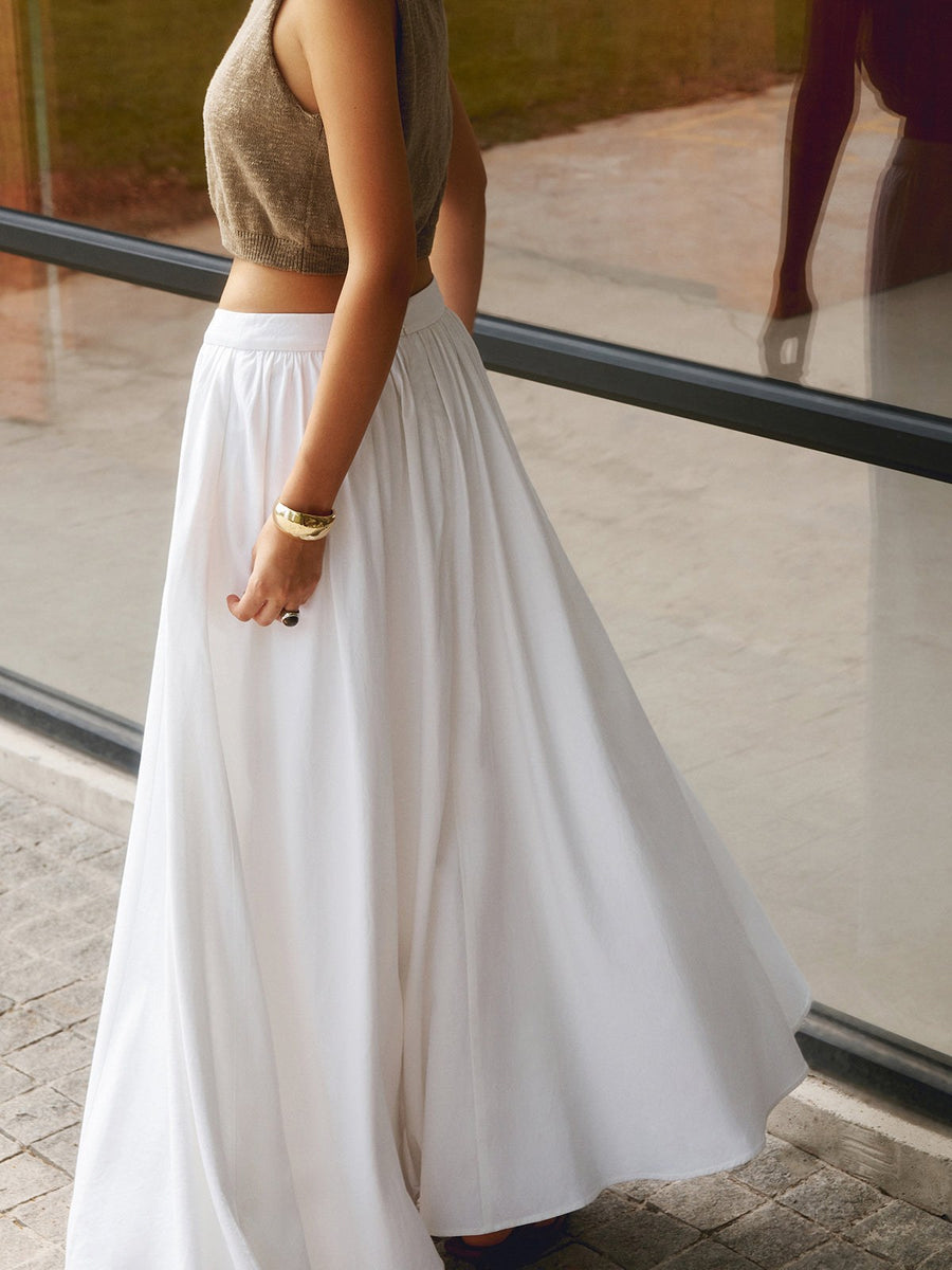 Nora Women's High Waist Pleated Linen Maxi Skirt Casual in White